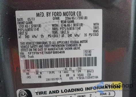 2011 Ford F-150 Lariat from USA, damaged, VIN 1FTFW1ET6BFB80408